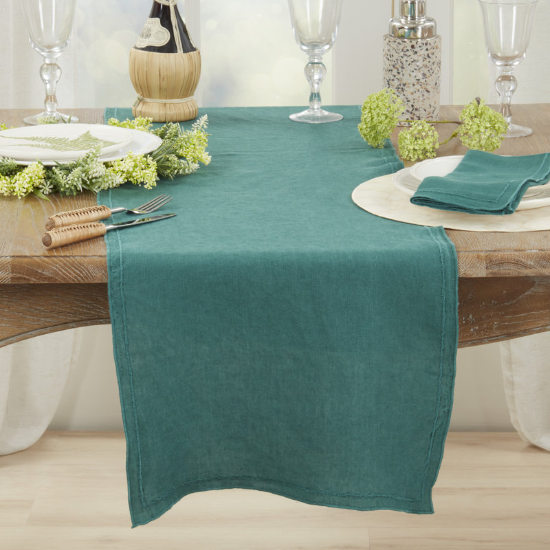 Aneta Stonewashed Overlock Edge Table Runner, Green