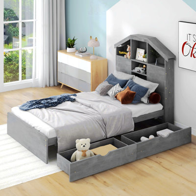 Twin Size Wood Platform Bed With House-Shaped Storage Headboard And 2 Drawers -  Harper Orchard, D7248203764847A18E4B55643CF14FC1