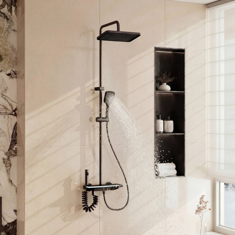 41.3"W X 11.8"D X 11.8"H-Modern Gun Metal Grey Shower System With Pull-Out Rain Shower & 4-Function Controls