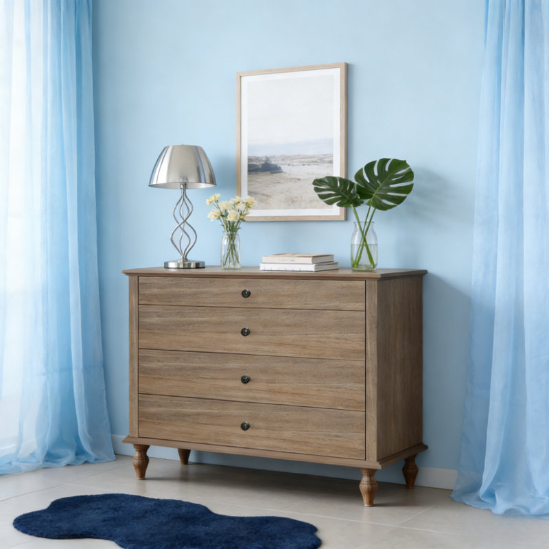 Grande commode à 4 tiroirs avec pied en bois massif, Marron clair