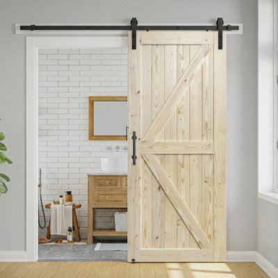 Panelled Solid Wood Unfinished Barn Door with Installation Hardware Kit