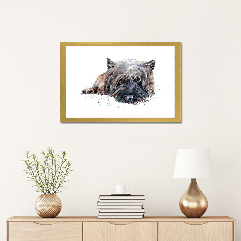 «Cairn Terrier II» par EdsWatercolours - impression, H 16 po x l 24 po x P 1 po, Papier encadré doré, Blanc