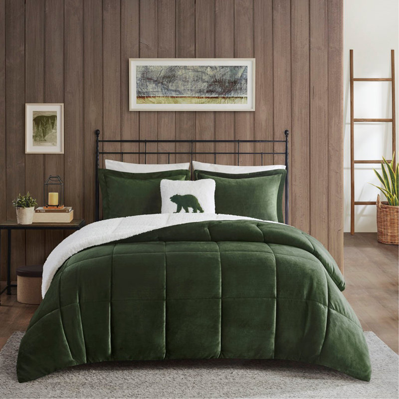 Ensemble d'édredon en duvet synthétique double / grand moelleux à Sherpa, Vert/Ivoire