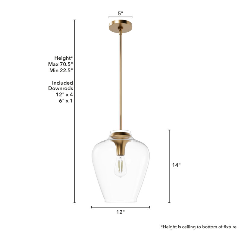 Vidria 1 - Light 12 inch Single Teardrop Pendant, Clear, Gold