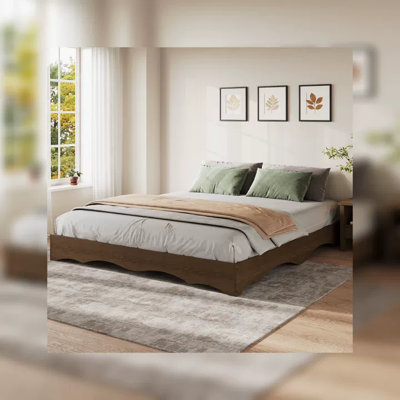 Low-Profile Wavy Edge Wooden Platform Bed Frame - Solid Wood Slat Support, Noise-Free, No Headboard, No Box Spring Needed, Easy Assembly - California King, Walnut