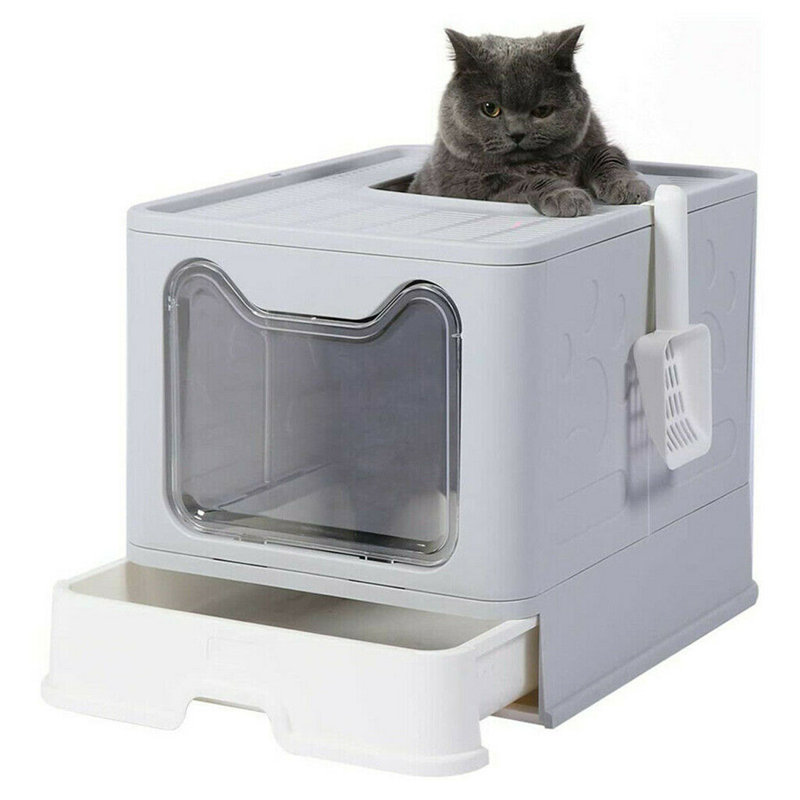 Litière pliable en plastique pour litière anti-éclaboussures avec couvercle / pelle, Gris