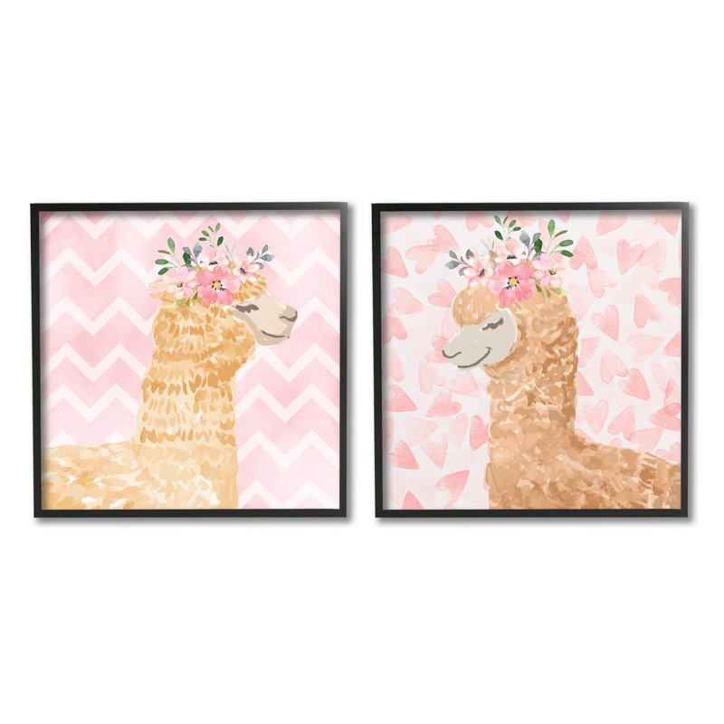 «Flower Power Sourire Alpacas» par ND Art - ensemble de 2 impressions sur bois, Giclée encadrée noir minuit