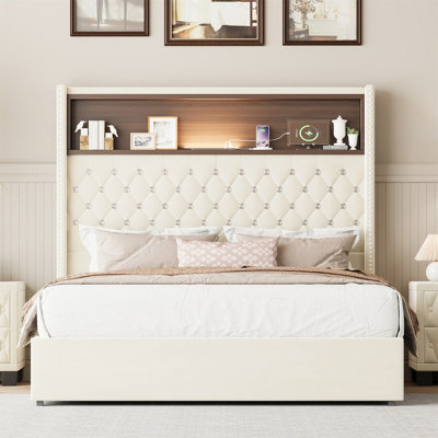 Luxurious Full Size Velvet Tufted Soft Bed Frame with USB Port and Night Light - 52'' High Headboard with Rivet Decoration - Wing-back Platform Bed with Headboard Shelf, Beige