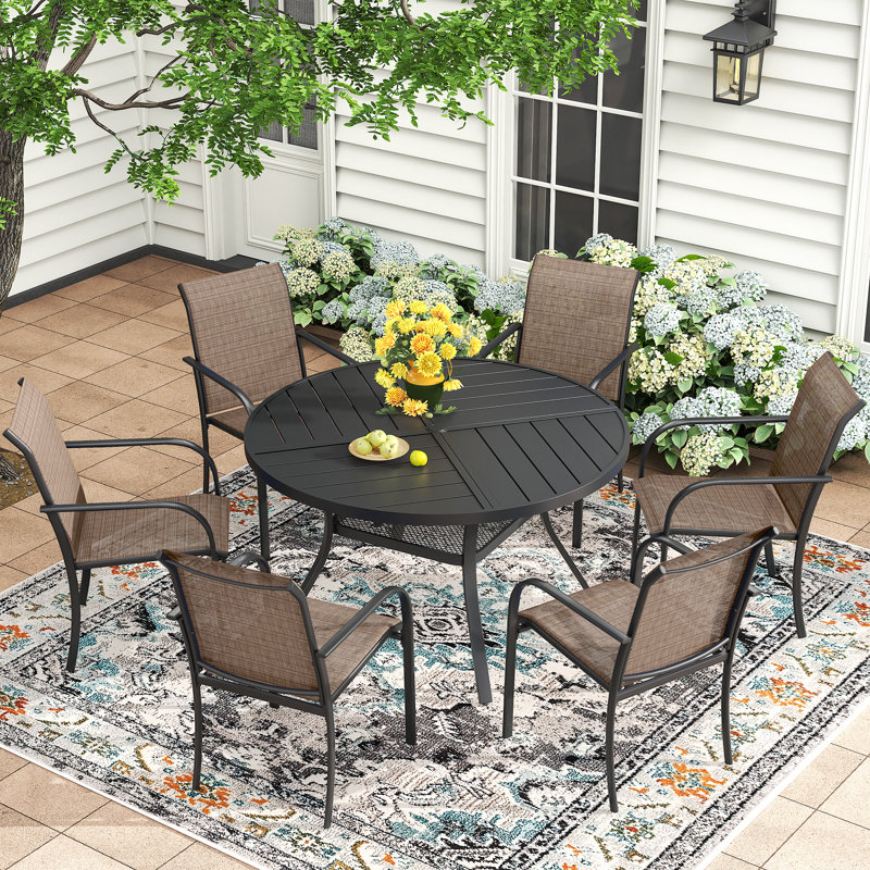 6-Person Outdoor Patio Dining Set With Round Table, Black/Brown