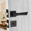 Modern Aura Premium Design Bathroom Door Handles on Square Rose in Satin Nickel with Dead Bolt, Latch, Ball Hinges and Thumbturn