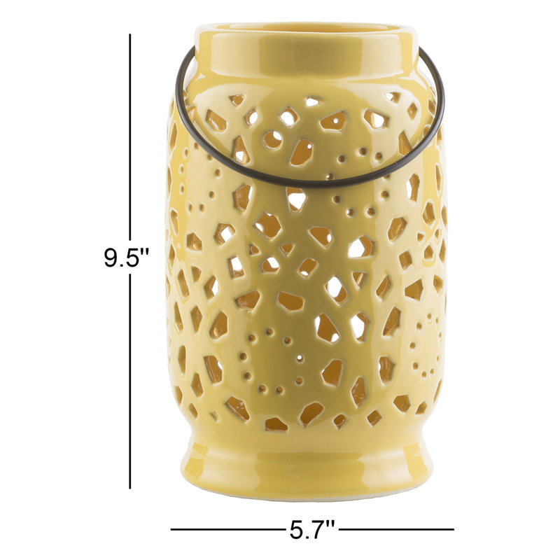 Alica Ceramic Lantern, 9.5" H x 5.7" W x 5.7" D, Mustard