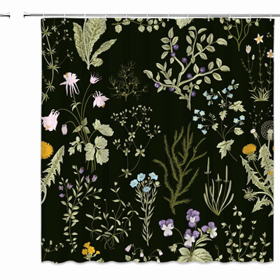 Vintage Floral Watercolor Shower Curtain - Natural Herbal Plant Design with Green Leaves and Wildflowers, Fabric Bathroom Decor Set with Hooks