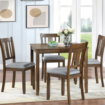 5 Piece Dining , Square Table, Walnut, Upholstered Chairs, Seat Height, Solid Wood Frame Walnut In Room, 4 Chairs With Breathable Linen Upholstery, Stable - Leg Base