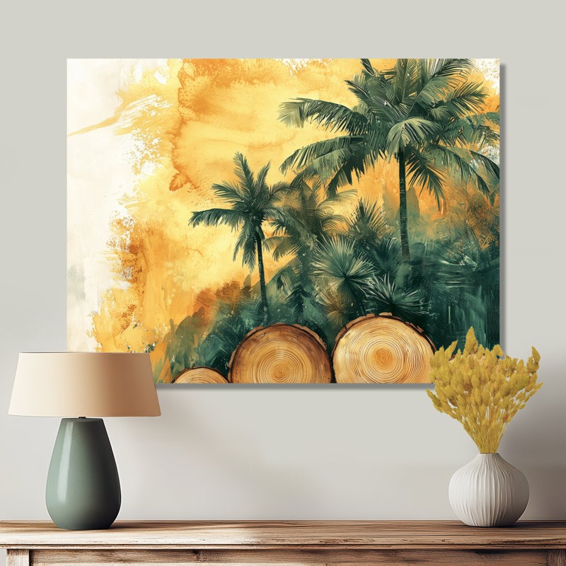 «Condace Emerald Palm Trees on Golden Tropical Forest I» - palmiers et palmiers, art mural, H 12 po x l 20 po, Toile tendue