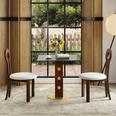 Modern 33.5" Square Dining Table With Gold - Finished Base And Wooden Legs For 2 Person Planning In Small Areas, Stain Proof Tempered Glass Use Nooks,