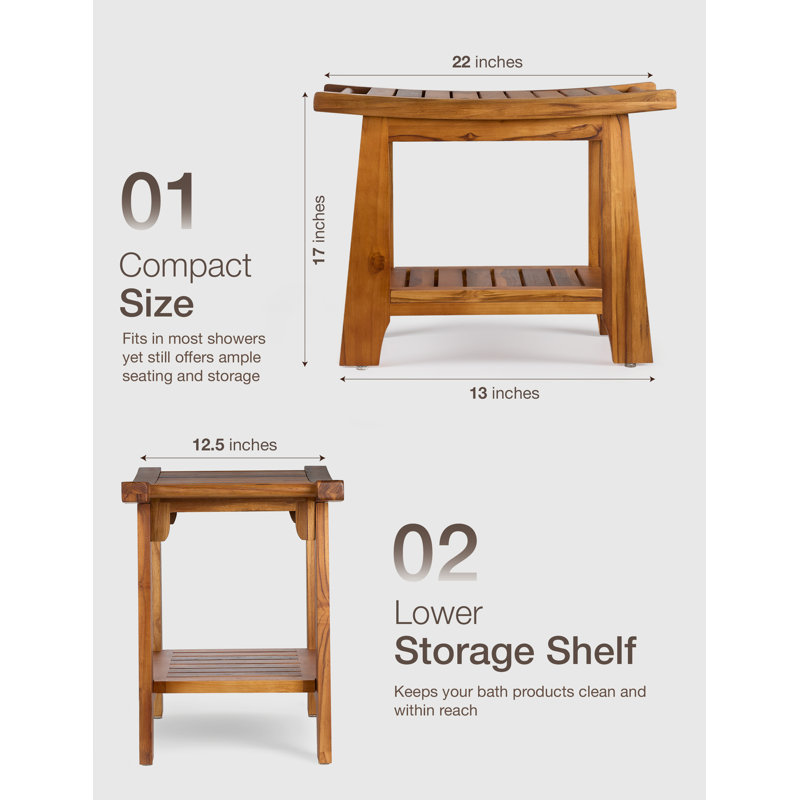 22" Teak Shower Stool with Storage Shelf for Bathroom