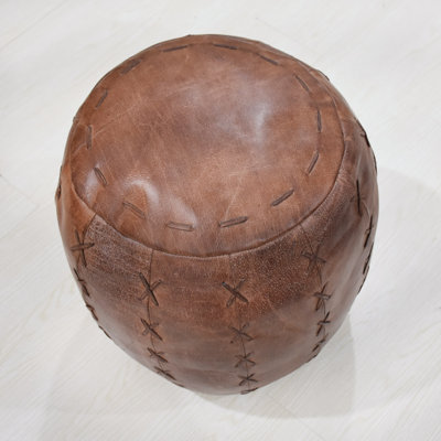 BBH HOMES HANDMADE ECO-FRIENDLY ROUND SHAPED STUFFED BUFFALO LEATHER BROWN POUF - 18" x 18" x 18", Round Shape, Brown Color, Plain Solid Design, Genunie Buffalo Leather, Recycled Fiber Stuffed, Seating Pouf For Living Room, Study Room, Patio & Office