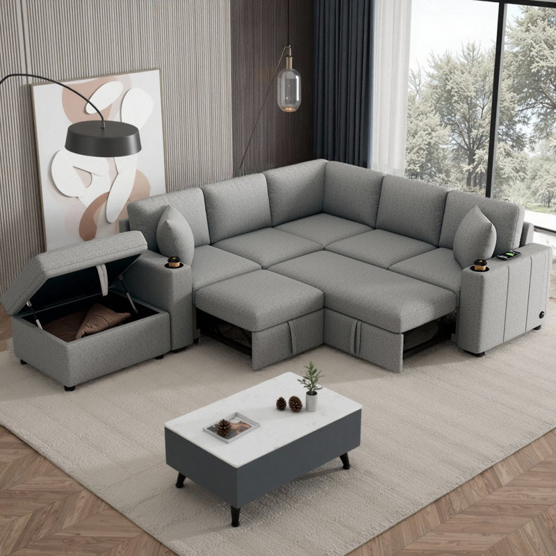 Canapé modulaire convertible 84,7 po avec repose-pieds, Gris chenille