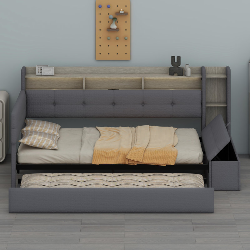 Lit de jour multifonctionnel avec repose-pieds de rangement, tablettes, lit gigogne, charge USB et lumière DEL, Gris