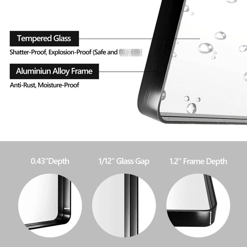 Miroir de salle de bain 36 po x 36 po dans un cadre en aluminium noir - Réflexion haute définition, non, cadre en métal, rouille, preuve, support à barre en Z, verre flottant à fixation murale à l'épreuve des chutes, lignes transparentes, simple