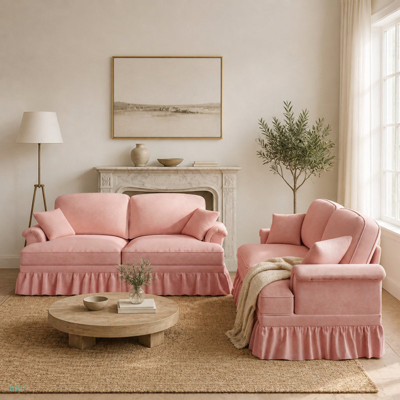 Ensemble de canapés en chenille avec accoudoirs évasés et pieds fuselés Mid Century