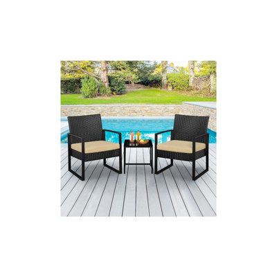 Rattan Bistro Set – Indoor/Outdoor Wicker With 2 Chairs And Tempered Glass Table, Black/Khaki