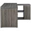 Bureau de coin en L à 3 tiroirs gris vieilli, avec cinq tablettes pour objets décoratifs. Parfait pour un espace de travail organisé et un bureau à domicile.