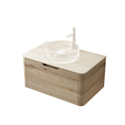 Meuble-lavabo de salle de bain 30 po avec lavabo rond en cristal transparent avec rayures artistiques, plateau en pierre frittée, armoire en contreplaqué flottant, finition chêne blanc, glissières de tiroir à fermeture en douceur