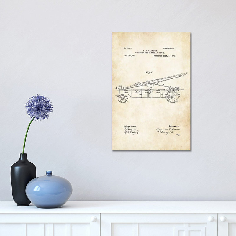 Camion de pompier par brevet77 - reproduction de dessin sur toile tendue, H 18 po x l 12 po x 1,5 po