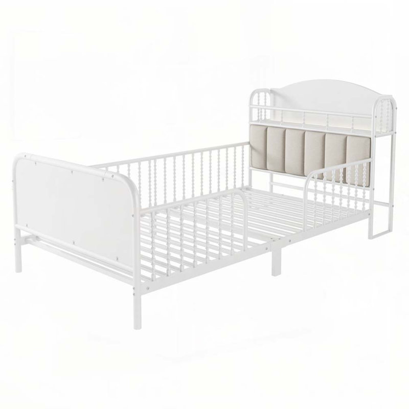 Base de lit plateforme en métal avec tête de lit tapissier et rangement, Lit simple, Blanc