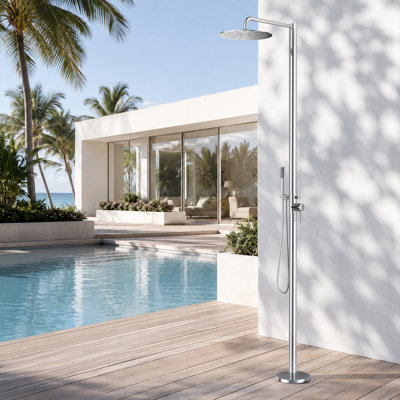 Système de douche extérieur chaud et froid autoportant avec pomme de douche à pluie et douche à main, colonne de douche en acier inoxydable 304, douche de patio à double fonction