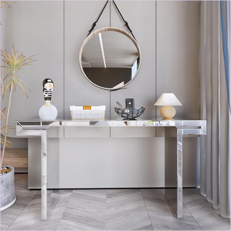 Console à miroir de luxe de 60 pouces avec verre trempé cannelé, assemblage sans outil, peu encombrant