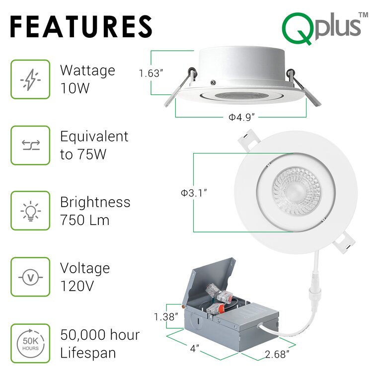 QPLUS Inch 5000K Airtight Eyeball Gimbal LED Recessed Light, 10W, Dimmable,  cETLus Listed Wayfair Canada