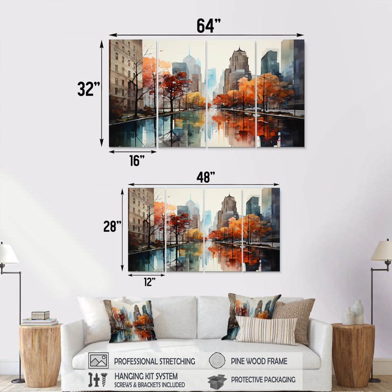«Autumn New York City Breeze I», ensemble de 4 décorations murales New York, H 32 po x l 64 po