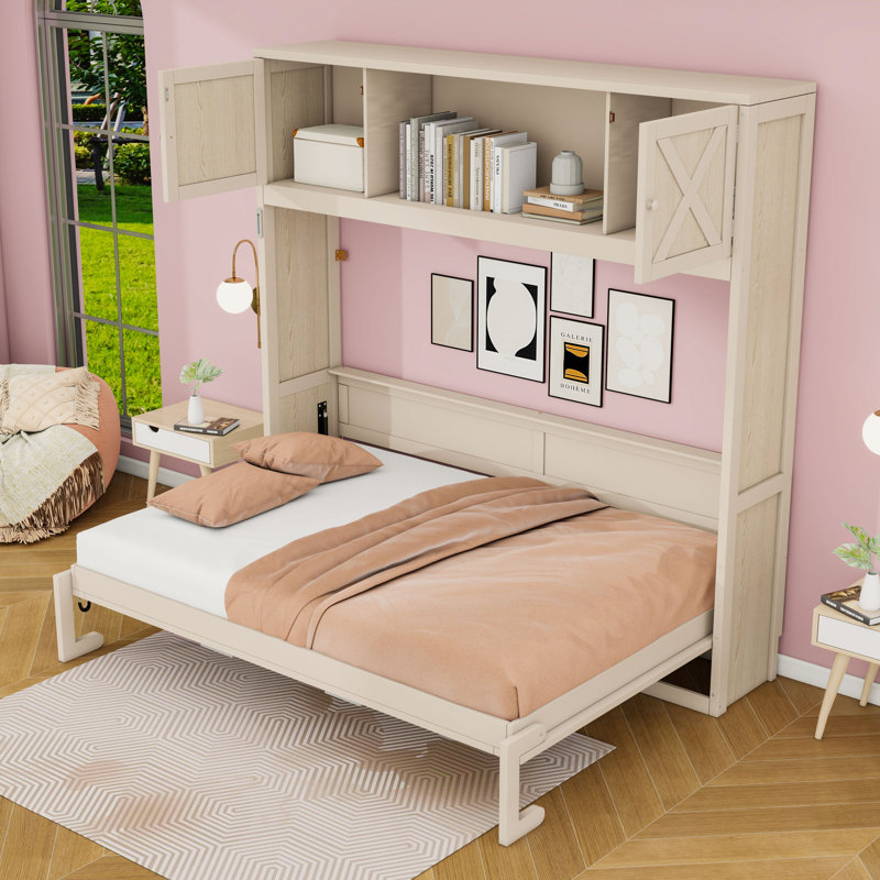 Lit escamotable double avec tablettes de rangement