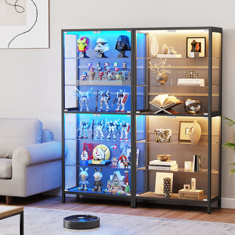 6-Tier Display Cabinet with Glass Doors, Metal Curio Cabinet with 3 Color Lights, Black