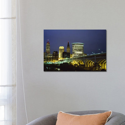 Bridge In A City Lit Up At Night, Detroit Avenue Bridge, Cleveland, Ohio, USA - Wrapped Canvas Print