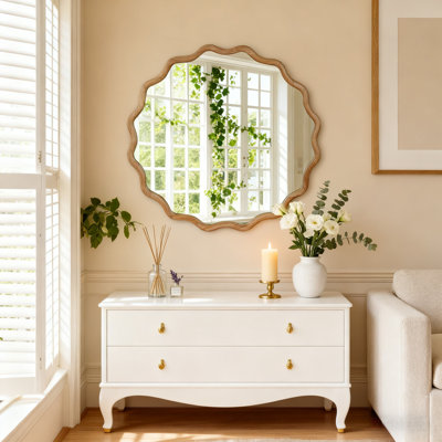 Wavy Round Solid Wood Frame Decorative Mirror,For Bedroom, Bathroom, Living Room, Entryway