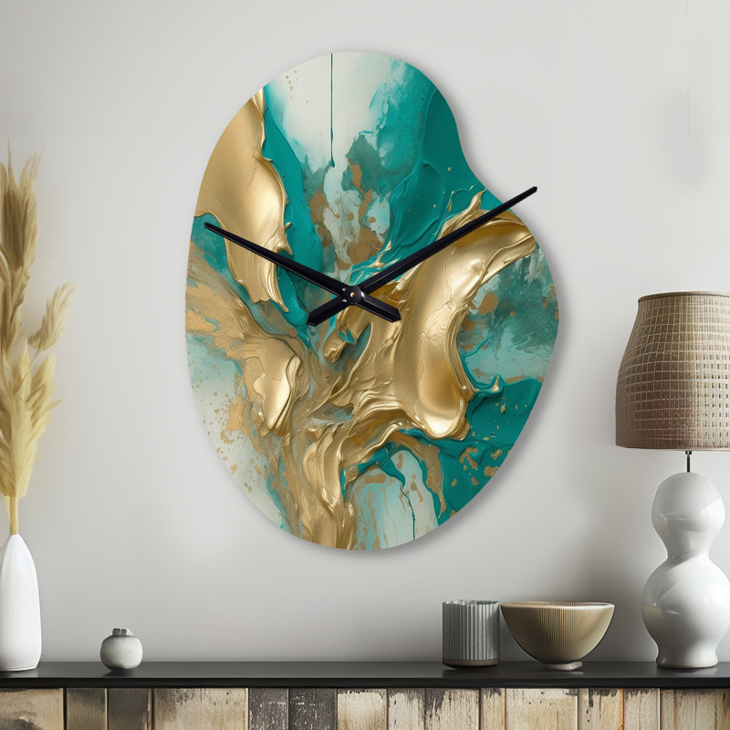 Or et turquoise, encre fluide en marbre II - horloge asymétrique en métal, impression d'horloge murale, Petit