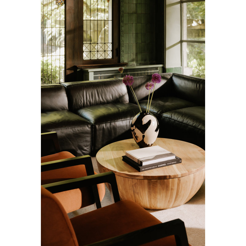Form Astra 5 - Genuine Leather Modular Sectional with Ottoman, Black Genuine Leather, 26" H x 112" W x 102.5" D
