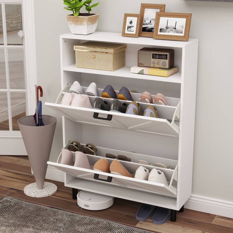 Armoire de rangement pour chaussures avec 2 tiroirs rabattables et design - Blanc antique autoportant pour vestibule, vestibule, couloir