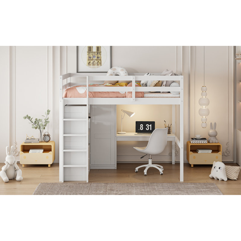 Lit double en bois de pin blanc avec lit garde-robe encastré pour coin lecture, Blanc
