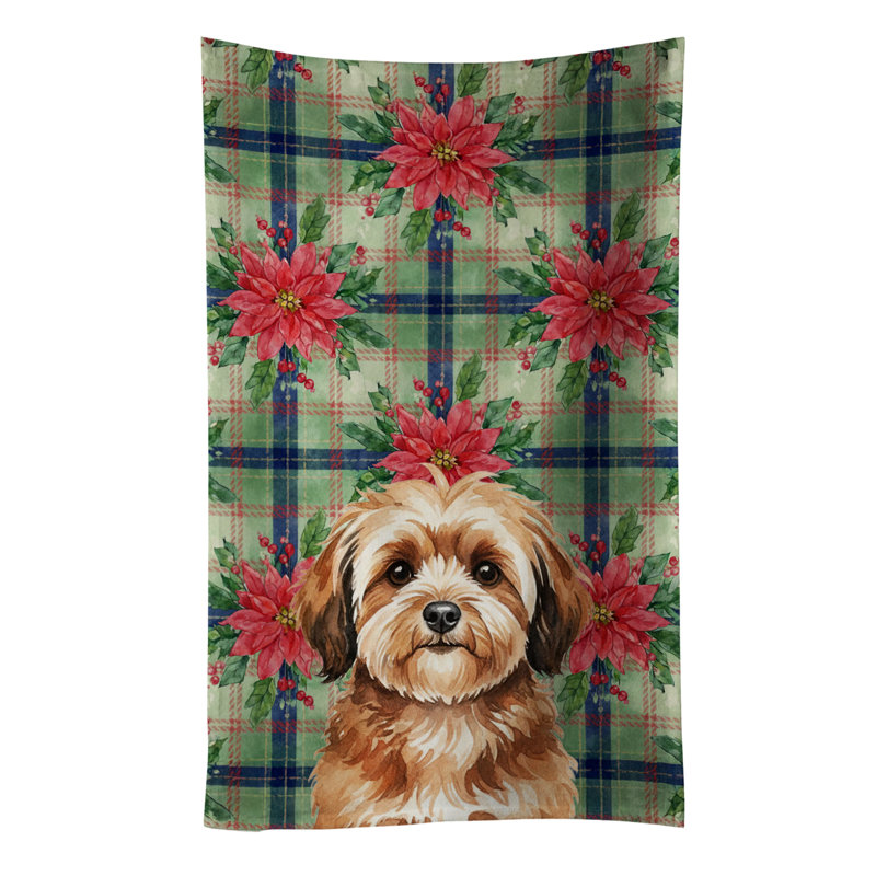 Sable Havanese Christmas PoinsettIas Kitchen Towel, Sable Havanese