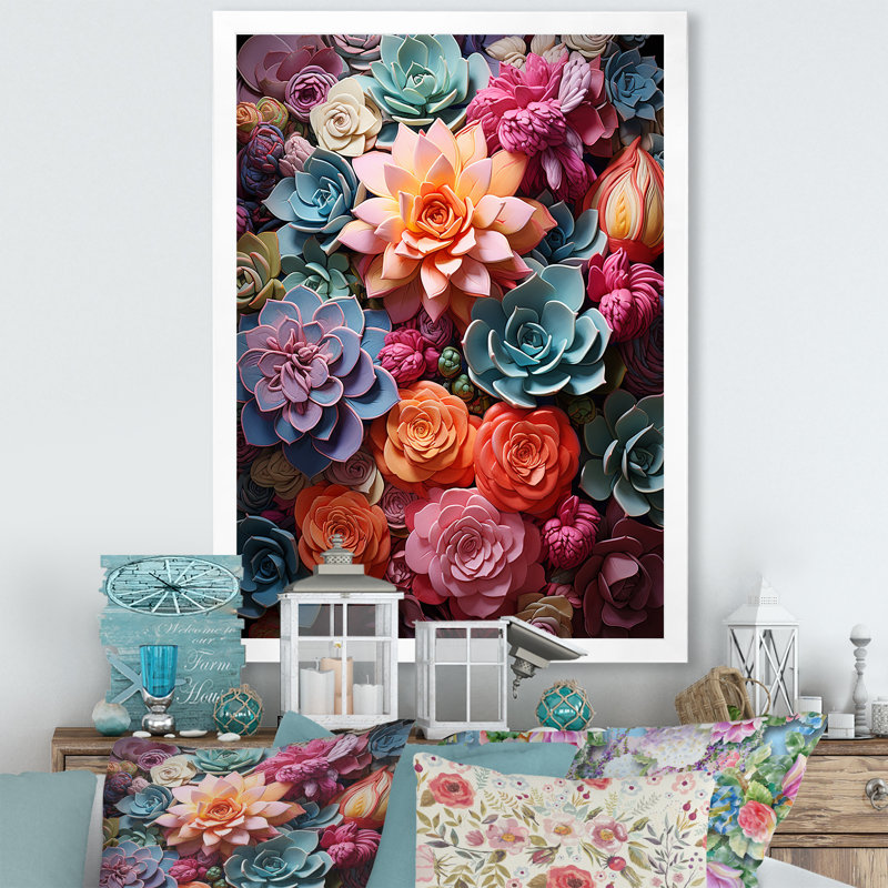 Larghetto Colorful Succulents Delight sur impression sur toile, Cadre photo blanc, H 32 po x l 24 po x P 1 po
