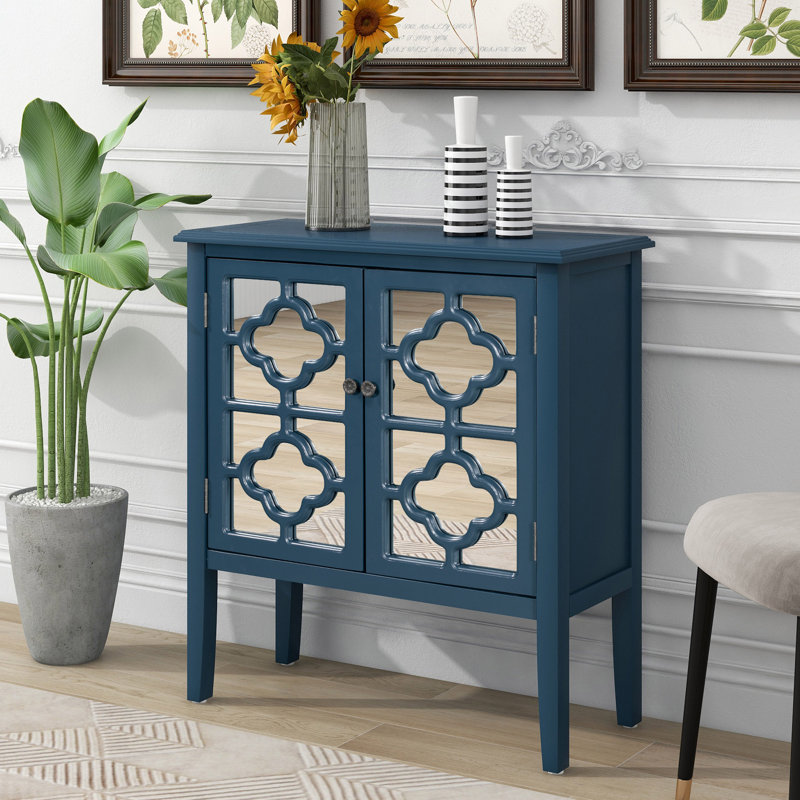 Buffet en bois avec portes en miroir et tablettes réglables, Bleu foncé