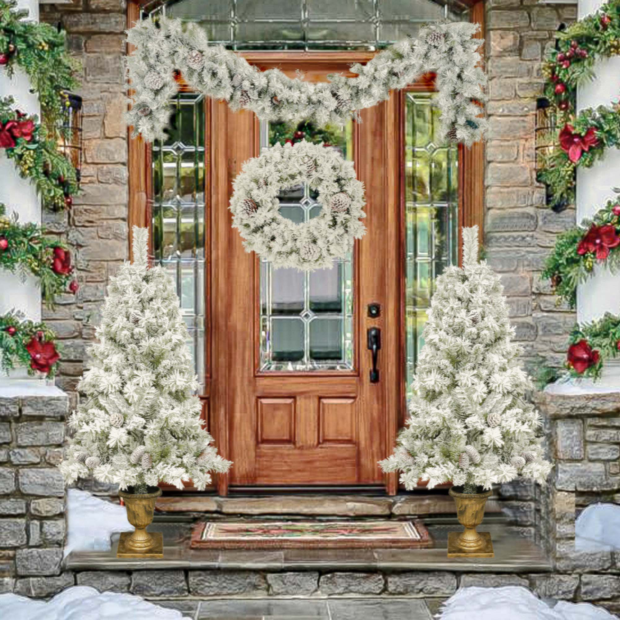 4-Piece Pre-Lit Christmas Tree Set with Wreath and Entrance Trees