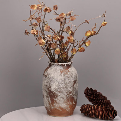 Rustic Ceramic Farmhouse Flower Large Vase, Distressed White Washed Terra Cotta Pottery Decorative Vase For Home Decor, Table, Living Room Decoration, Shelf Decor, Mantel Decor