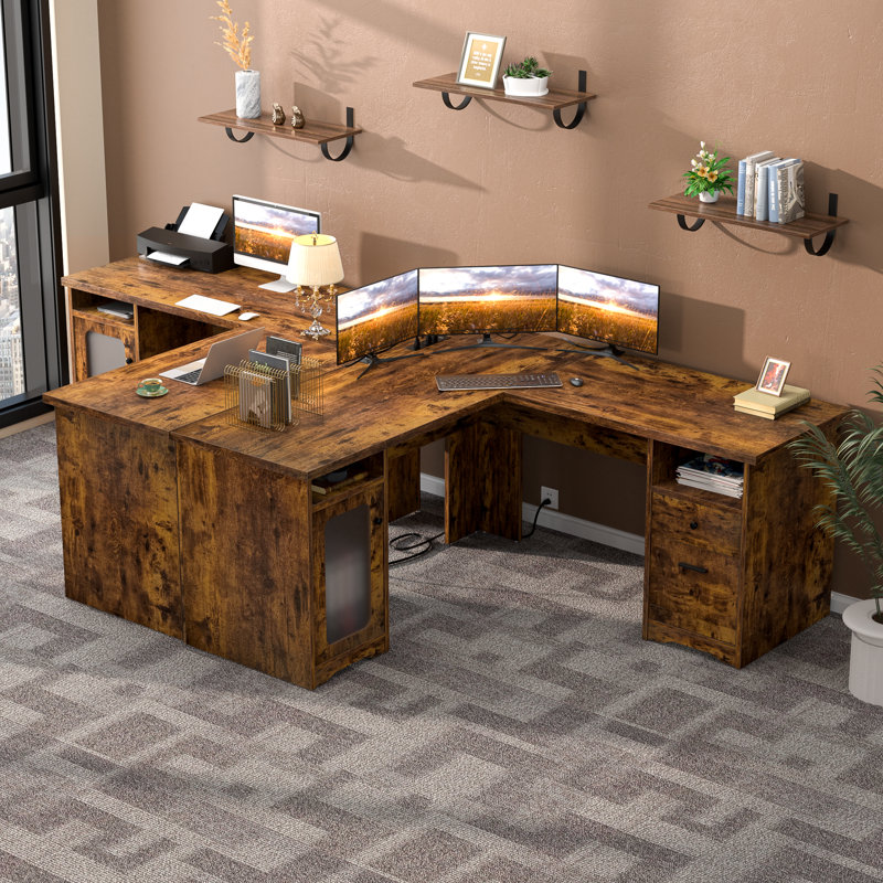 Detcho 60'' L Shaped Executive Desk with Drawers and Power Outlets, Brown