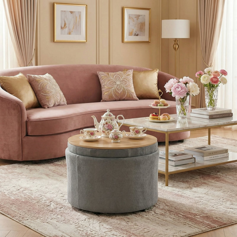 23.5" Wide Round Upholstered Ottoman With Storage, Gray