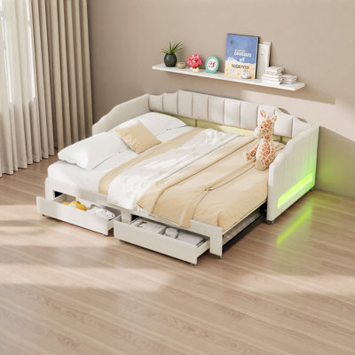 Lit de jour simple rembourré extensible de taille XL avec deux tiroirs de rangement et lumière DEL, lit de jour simple TG à très grand lit
